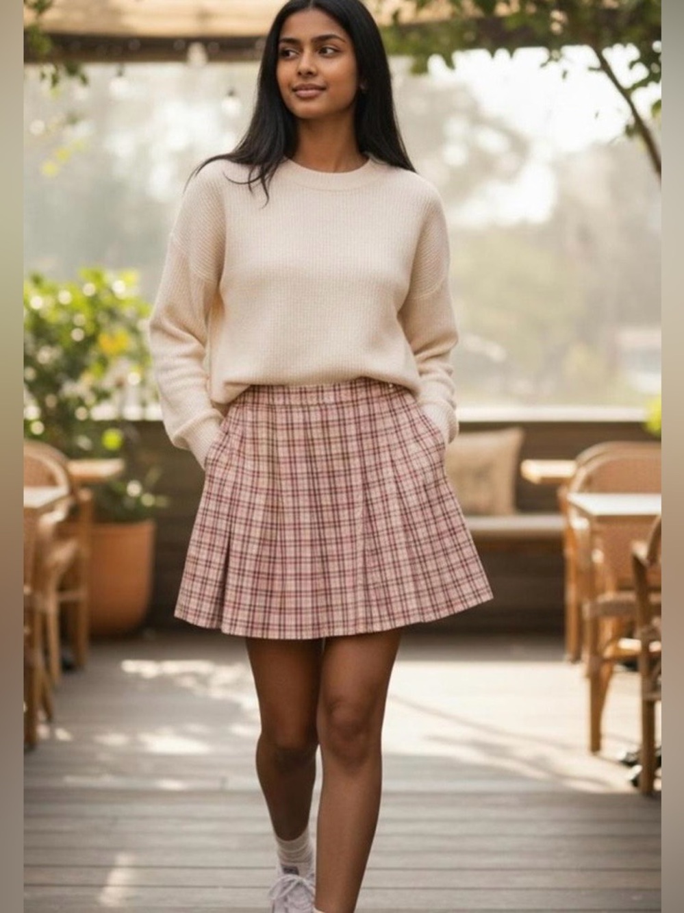 aerie Pink Plaid Pleated Mini Skirt